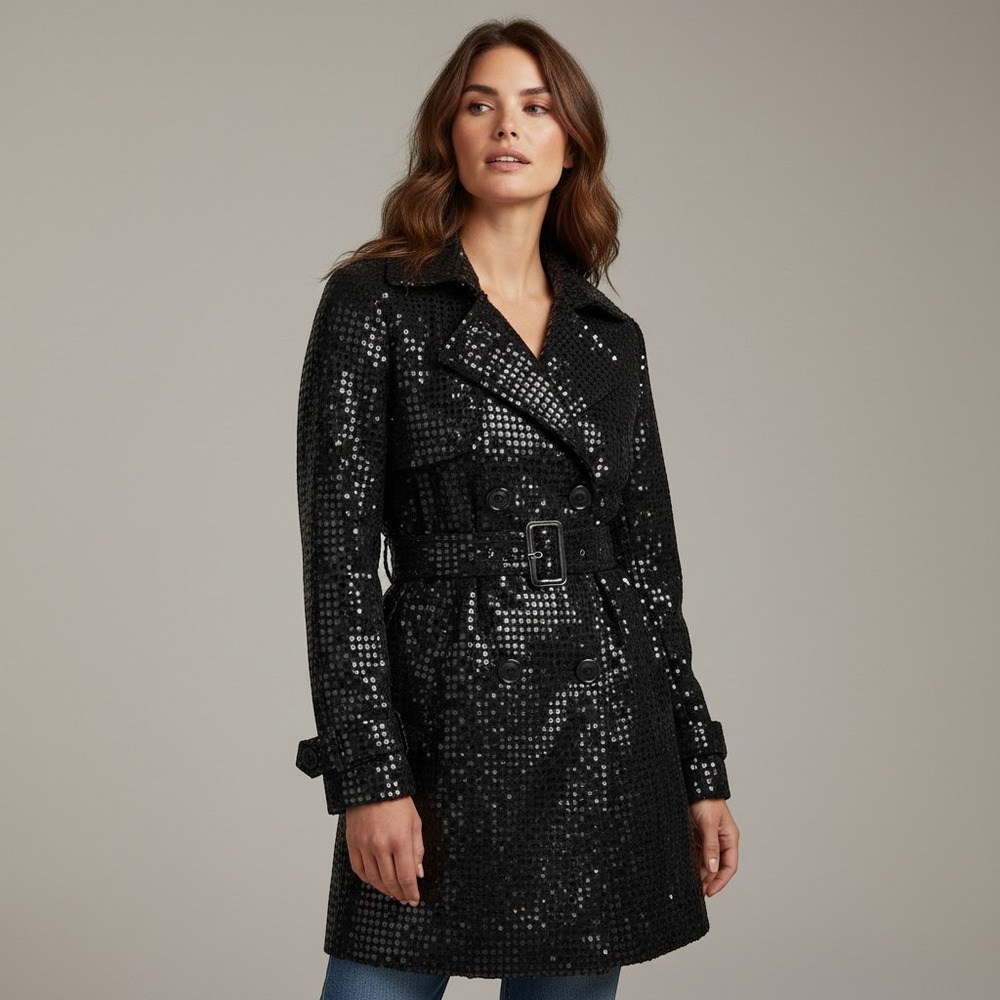 NWT Runway New York Womens Black Sequin Trench Coat Double Breasted Belted SZ S